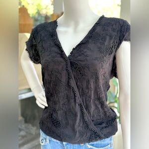 Lucky Brand Black Embroidered Faux Wrap Women's Top Size XL